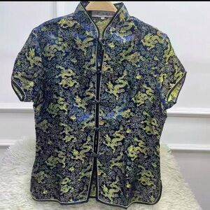 Elegant Women’s Blue and Gold Dragon Satin Shirt